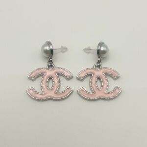 CHANEL Pink Enamel CC Logo Drop Earrings with Pearl Studs